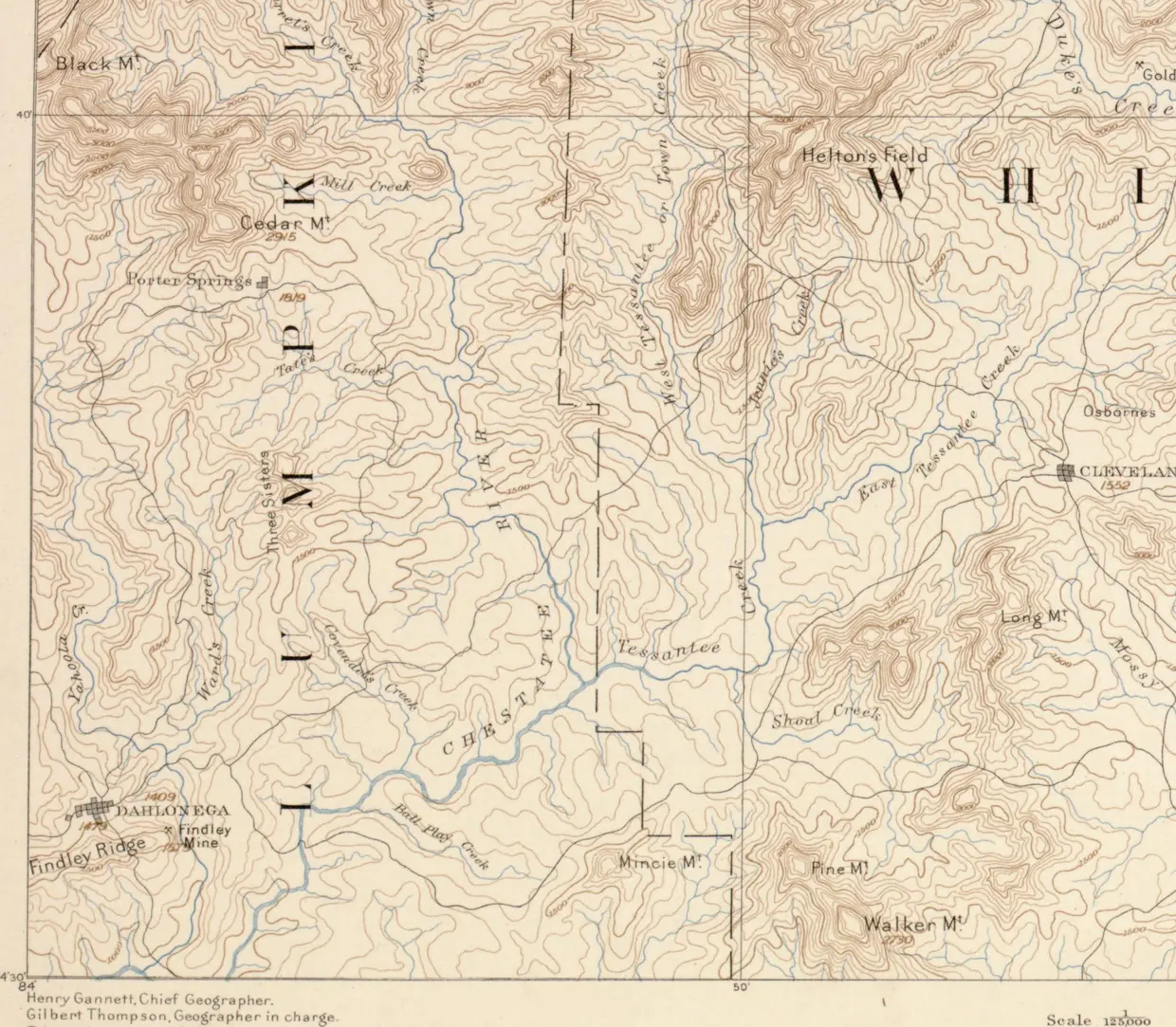 Detail of an 1886 topographic map in brown contour lines and blue streams, with Dahlonega and Findley Ridge at lower left, the Chestatee River winding across, and Cedar Mountain and the Three Sisters above.